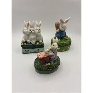 Porcelain Easter Bunny Rabbit Hinged Trinket Boxes Set of 3